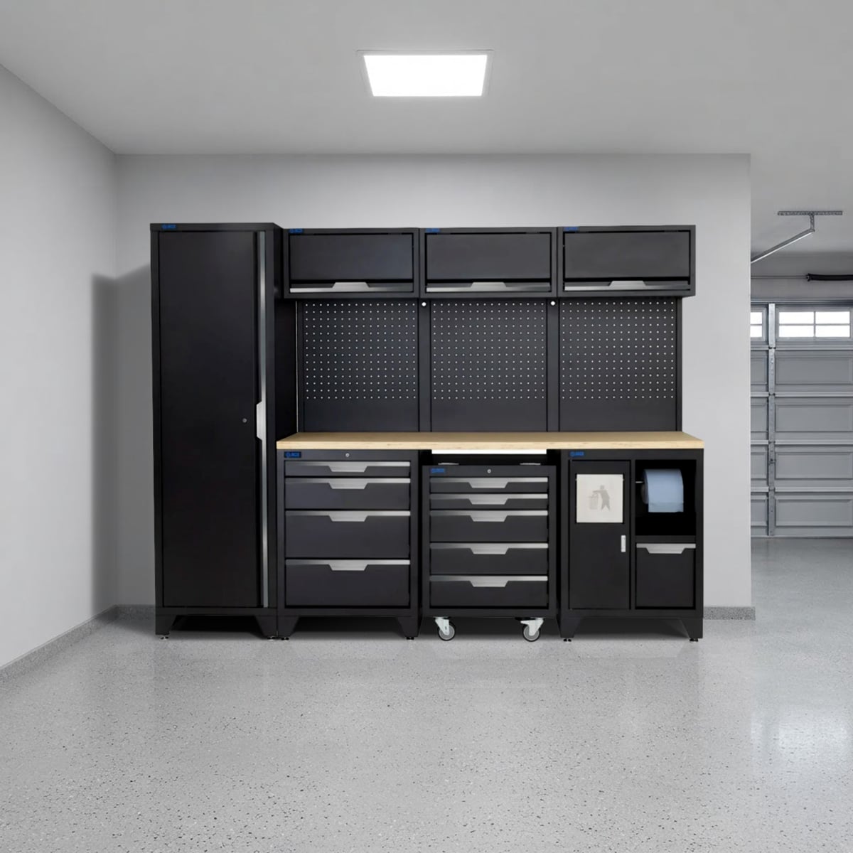 SGS 10pc Modular Garage Storage | 9 Drawers | Plywood Worktop | Tall Single Cabinet | Bin Unit | Mobile Cabinet | 3x Upper Cabinets